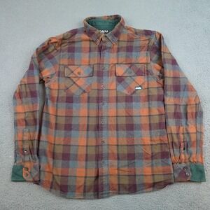 KAVU Flannel Shirt Mens Large Orange Brown Plaid Button Front Long Sleeve Casual